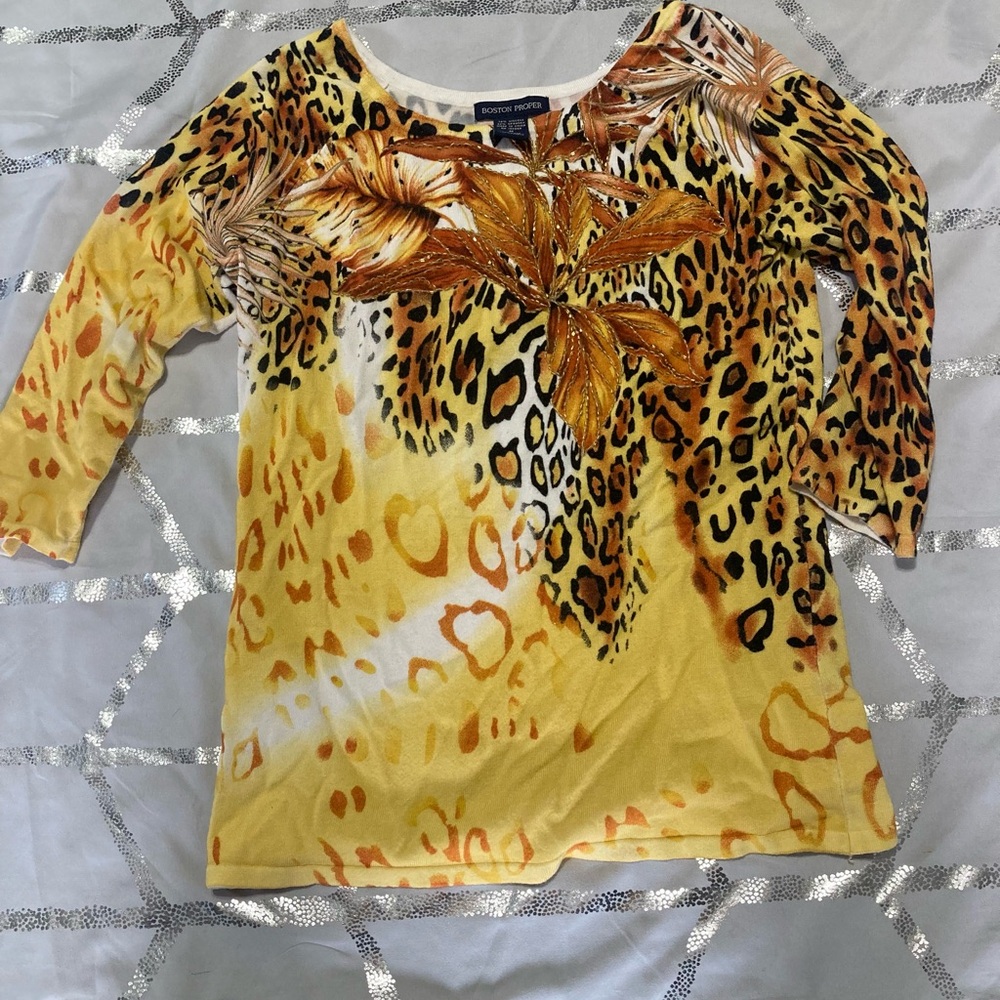 Boston Proper Yellow Leopard-Print Long Sleeve Top with Gold Leaf Embroidery